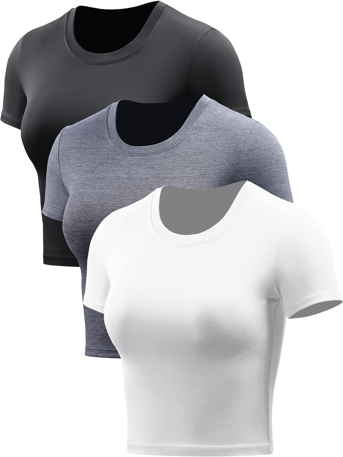 Women's 3-Pack Dry Fit Crop Top - Short Sleeve Crew Neck Athletic Running Tee for Yoga and Fitness