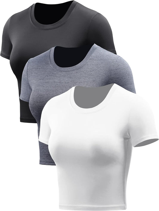 Women's 3-Pack Dry Fit Crop Top - Short Sleeve Crew Neck Athletic Running Tee for Yoga and Fitness